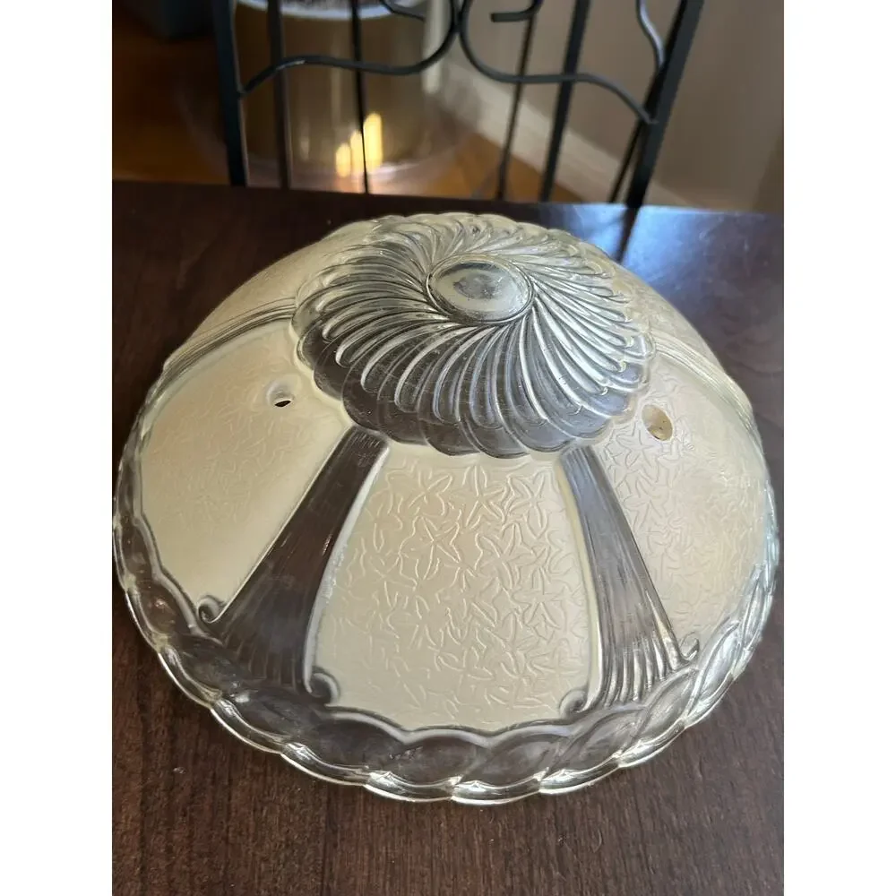 Vintage Art Deco Ceiling Clear & Creme Ornate Blown Glass Shade